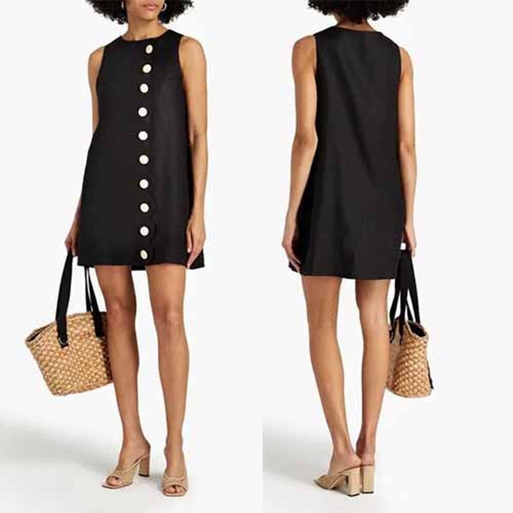 NWT Lisa Marie Fernandez Scalloped Linen-Tweed Button Mini Dress Black Size: 8